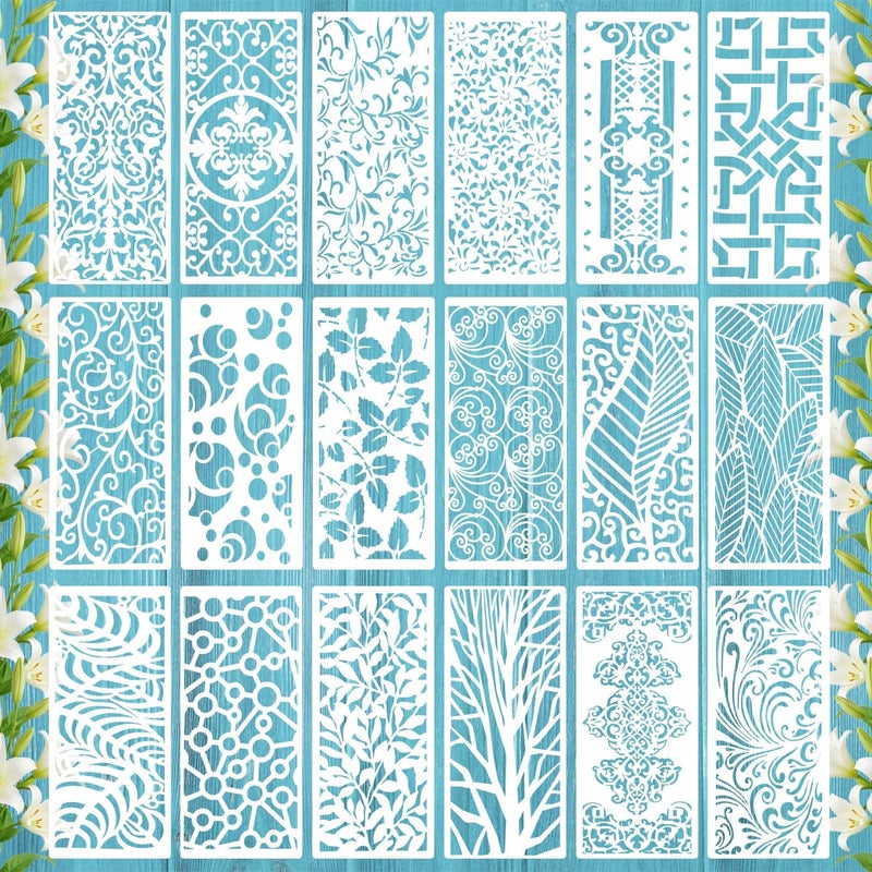 Resflyar 18 PCS 12 x 5.2 Inch Mixed Stencils, Plant Leaf Floral Texture Templates for Painting on Wood, Texture Background Stencil Set for Rock Wood Canvas Airbrush Drawing Furniture Card Tile Home DIY Craft - Image 1